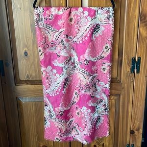 $49 NEW Chicos Pink Fuchsia Black Paisley Big Square Scarf with Eyelash Fringe
